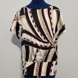 Black & Pink Geometric Silk Satin Scarf Top Size L